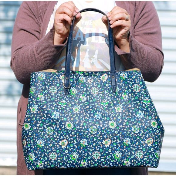 NWT Tory Burch KERRINGTON Midnight Floral Square Tote - Picture 3 of 11